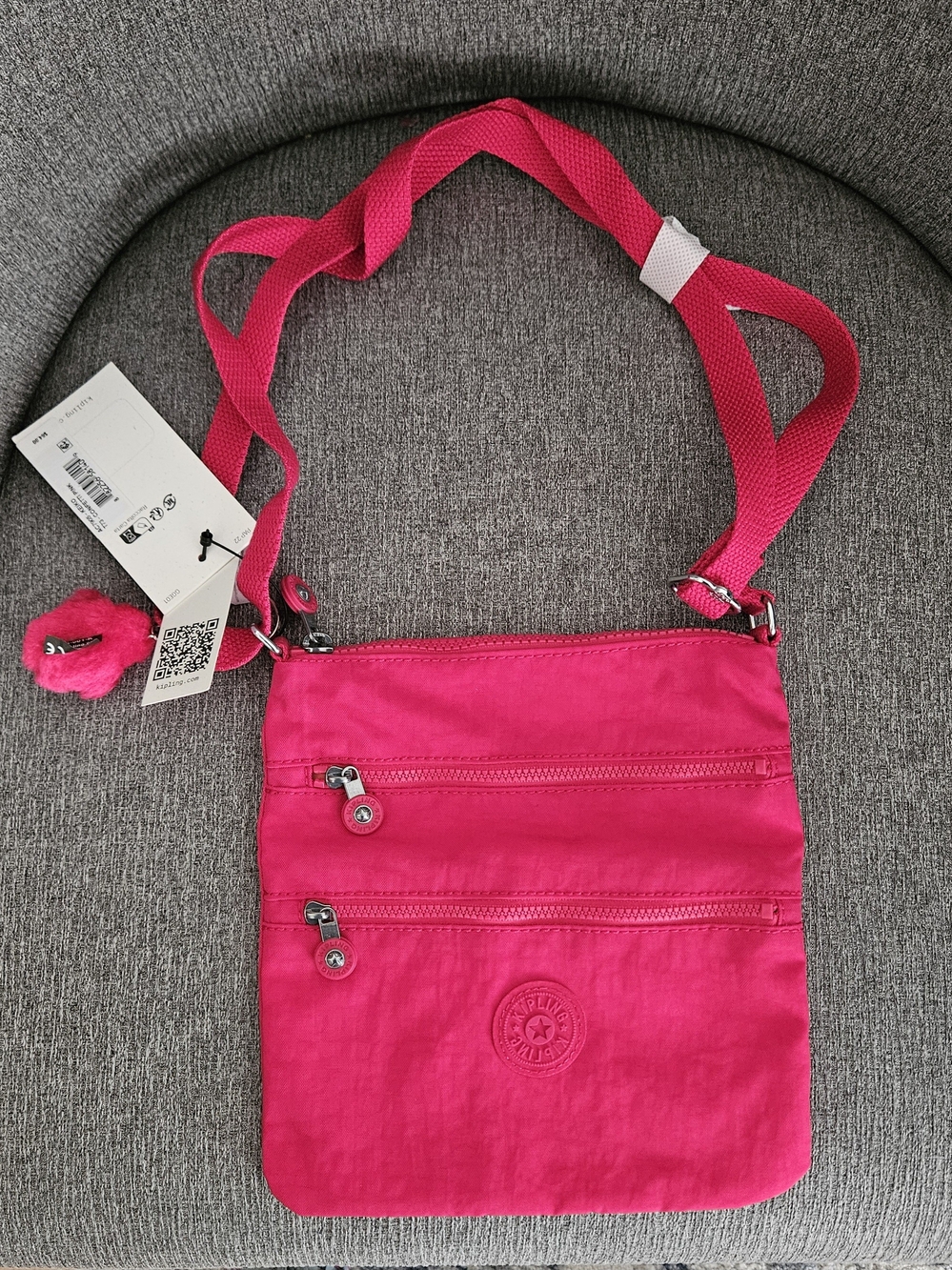 Kipling Hot Pink Crossbody Bag with Pom Keychain